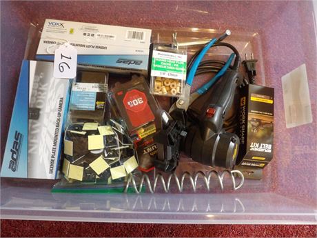 PLASTIC TOTE W / SOME TOOLS & MISC