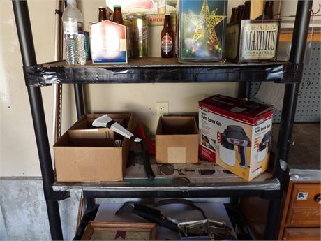 SHELVING - W / WOODEN DRESSER - VINTAGE PLASTIC CAR DECOR - MICHELOB SIGN