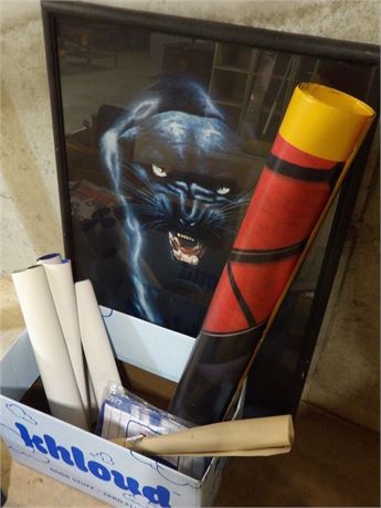 ASSORTMENT OF POSTERS & BLACK PANTHER PICTURE W / FRAME