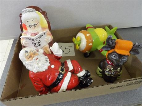 SANTA - RETIREMENT FUND - AIRPLANE - DEER COIN BANKS ( CERAMIC/PORCELAIN )