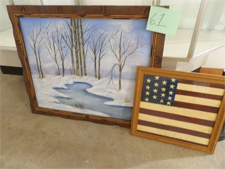 "WINTER SCENE" PICTURE W / FRAME - FLAG PICTURE W/ FRAME