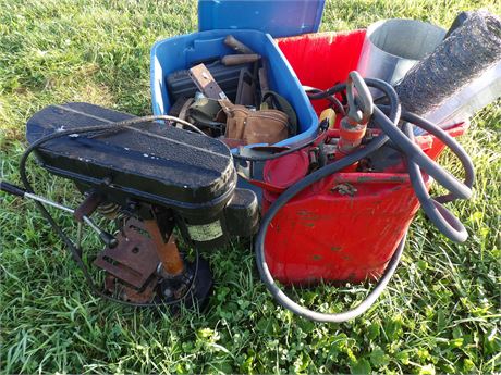 DRILL PRESS - FUEL CAN - RED & BLUE TUB ETC - MISC TOOLS