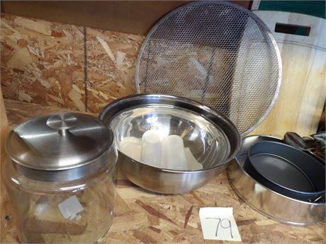 MIXING BOWLS - WOOD CUTTING BOARD - (2) GLASS CANISTERS W / LIDS ETC