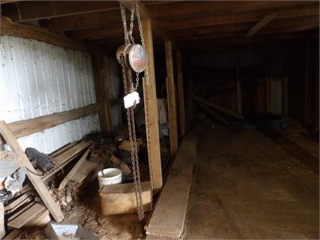 FEED ROOM CLEAN UP - CHAIN HOIST - MISC PARTS - LUMBER ETC