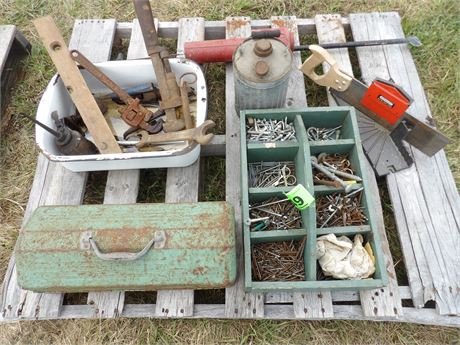 PALLET MISC HARDWARE - WOOD ORGANIZER - PIPE WRENCHES ETC