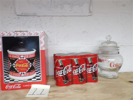 COKE GLASS CANISTER - COCA COLA LARGE CANISTER - COCA COLA TIN