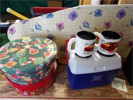 CHRISTMAS TINS - CD ORGANIZER - MCDONALDS PLASTIC COFFEE CUPS - IRONING BOARD