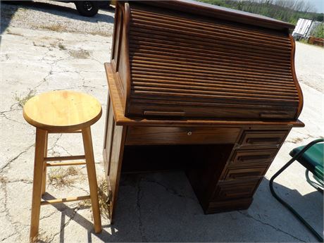 ROLL TOP DESK - WOOD STOOL