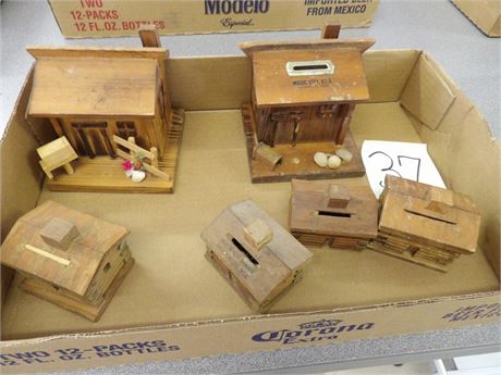 ASSORTMENT OF LOG CABINS ( WOODEN ) COIN BANKS