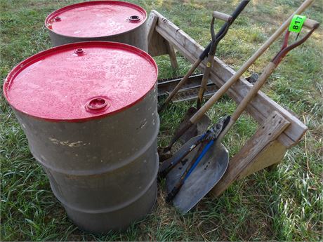 2 BARRELS - YARD TOOLS - CHICKEN FEEDERS