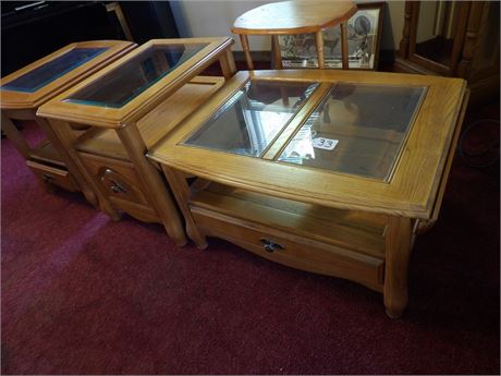ASSORTMENT OF END TABLES ( SOME W / GLASS TOPS )