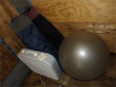 BOX FAN - EXERCISE BALL - (2) BAG CHAIRS