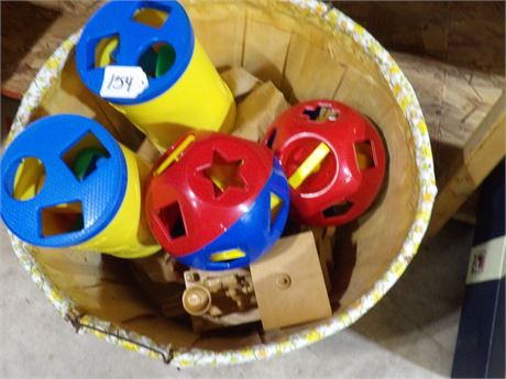 BUSHEL BASKET - PLASTIC TOYS - WOOD TRAIN