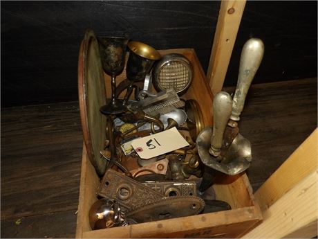 WOOD CRATE W / METAL VINTAGE ITEMS