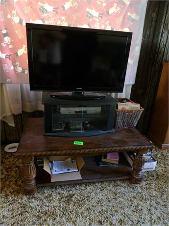 TOSHIBA TV - ASSORT. OF MOVIES VHS - WICKER BASKET - WOOD TABLE ETC