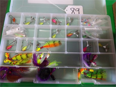ASSORTMENT OF JIGS W / PLASTIC ORGANIZER & SEARCH BAIT