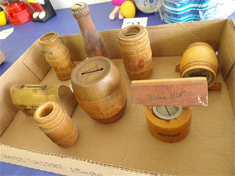 BARRELS - MILK CAN - WISHING WELL ( WOODEN COIN BANKS )