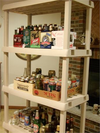 LARGE ASSORT OF COLLECTOR CANS & BOTTLES INCLUDES SHELVING