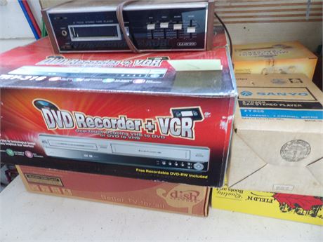 DVD RECORDER & VCR BOX W/  8 TRACKS ETC