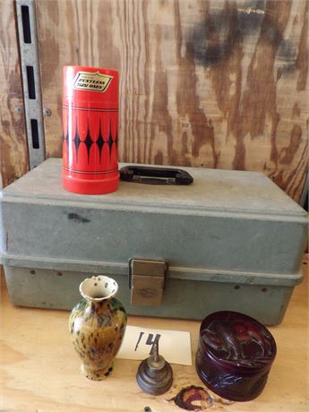 VINTAGE THERMOS - TACKLE BOX - VINTAGE VASE - OIL CAN ETC