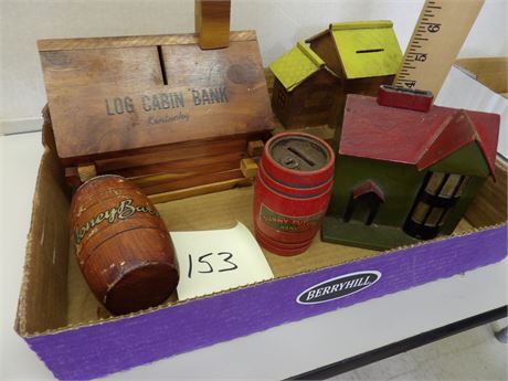 WOODEN CABIN COIN BANKS - BARRELS