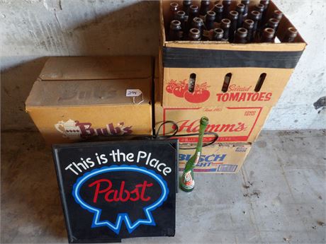 PABST SIGN - BUB'S BEER - HAMMS - BUSCH LIGHT ( VINTAGE BOXES & BOTTLES)
