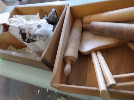 BOXES OF MISC. - ROLLING PINS - COASTER WHEELS ETC