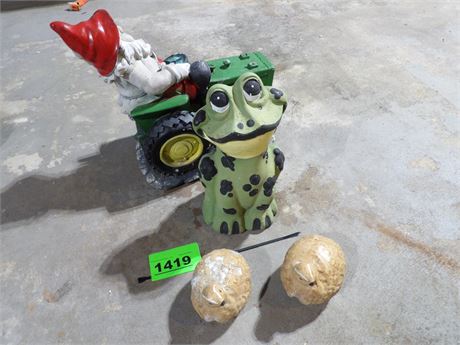 GNOME ON TRACTOR - FROG FIGURINES ETC