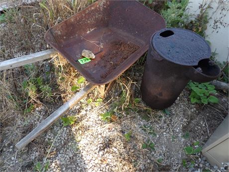 VINTAGE CAST IRON WOOD BURNING POT - WHEEL BARROWS