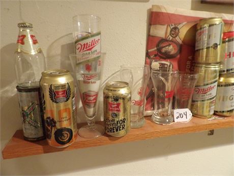 ASSORTMENT MILLER HIGH LIFE CANS & GLASSES