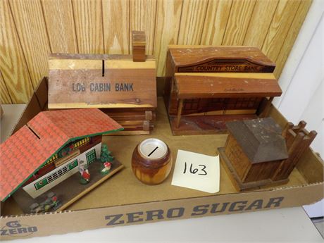 WOODEN CABIN BANKS - WOODEN CHURCH COIN BANKS ETC