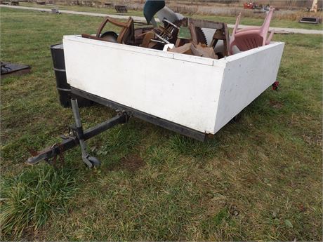 SINGLE AXLE TRAILER ( W/ WHITE SIDES ) LOADED W / MISC ( ANTIQUES-SAW BLADES ETC