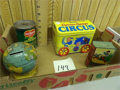 "CURIOUS GEORGE" - "DEL MONTE" GREEN BEANS - "TOM TOM THE PIPER" TIN COIN BANKS