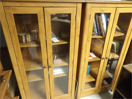 2 WOOD CABINETS W / MISC ITEMS