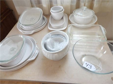 CORNINGWARE? - W / SOME LIDS- SERVING TRAYS - TABLE INCLUDED