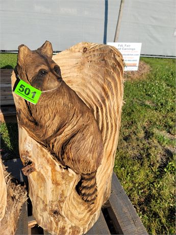 RACCOON CHAINSAW WOOD CARVING  - ( APPROX. 40" TALL )