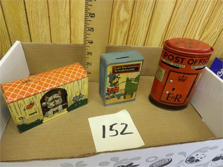 "SIMPLE SIMON" - POST OFFICE - DOG HOUSE TIN COIN BANKS