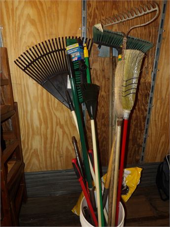 LAWN & GARDEN TOOLS - BROOMS - RAKES - CLIPPERS - POTTING SOIL ETC