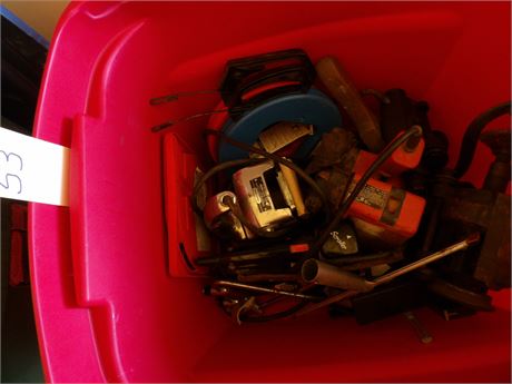 1 TOTE OF ELECTRIC HAND TOOLS AND MORE