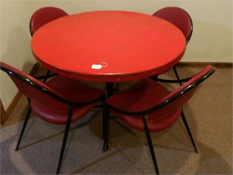 RED WOODEN TABLE W / CHAIRS