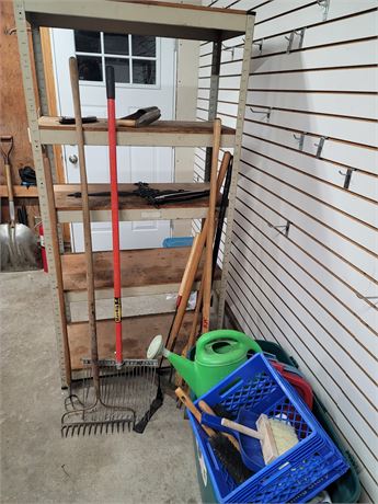 SHELVING WITH MISC YARD TOOLS