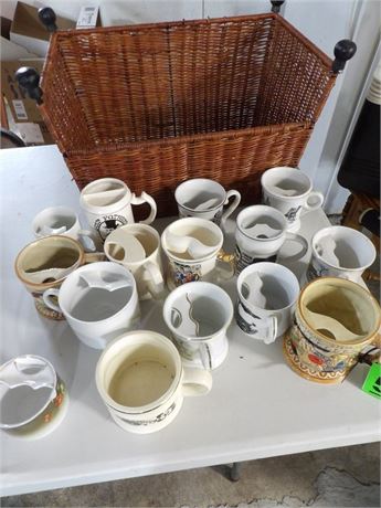 LARGE ASSORTMENT OF COFFEE CUPS - WICKER BASKET