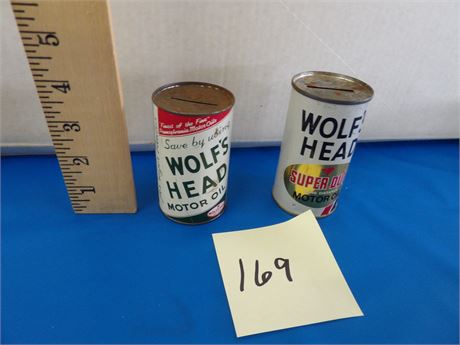 WOLF'S HEAD MOTOR OIL - (2) TIN CANS COIN BANKS