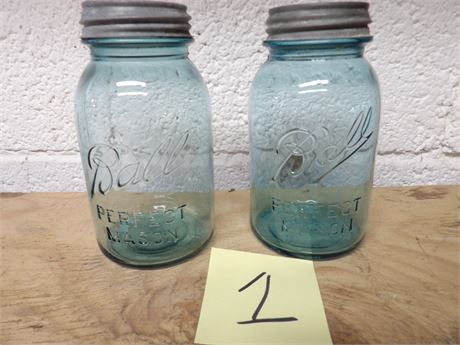 BALL BLUE GLASS JARS W / LIDS ( 2 TOTAL )