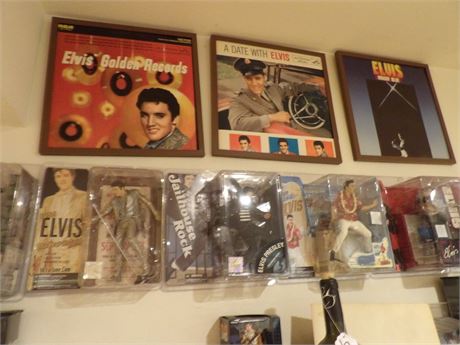 LARGE ASSORT. OF ELVIS MEMORABILIA ( RECORD COVERS-FIGURINES-SHOT GLASSES ETC)