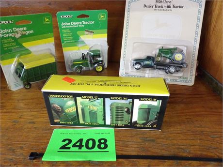 JD HISTORICAL 4 PC. TOYS - JD FORAGE WAGON - JD TRACTOR - 1950 DEALER  TRUCK