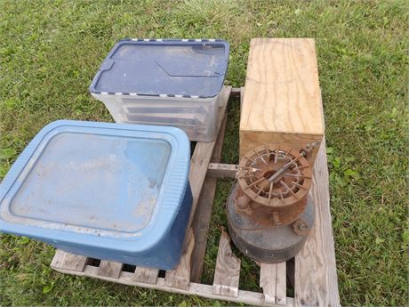 RUBBERMAIDS W/GLASS PANES, VINTAGE HEATER, ETC