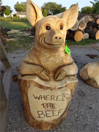 PIG " WHERE'S THE BEEF "  CHAINSAW WOOD CARVING