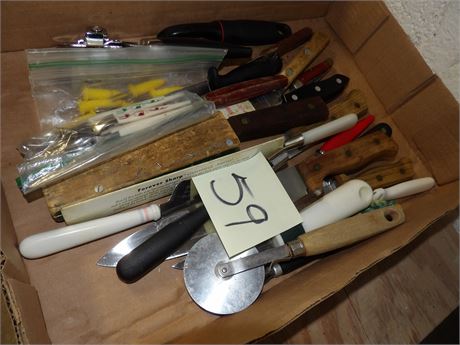 ASSORTMENT OF KNIVES - PIZZA CUTTER - FONDUE FORKS - CAN OPENER ETC