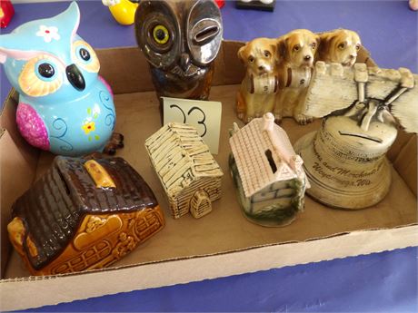 OWL - DOGS - LIBERTY BELL - CABINS ( 3 )  ( CERAMIC/PORCELAIN COIN BANKS )